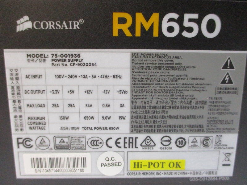 CORSAIR RM650 CP-9020054-NA 100-240VAC 5-10A NSMP