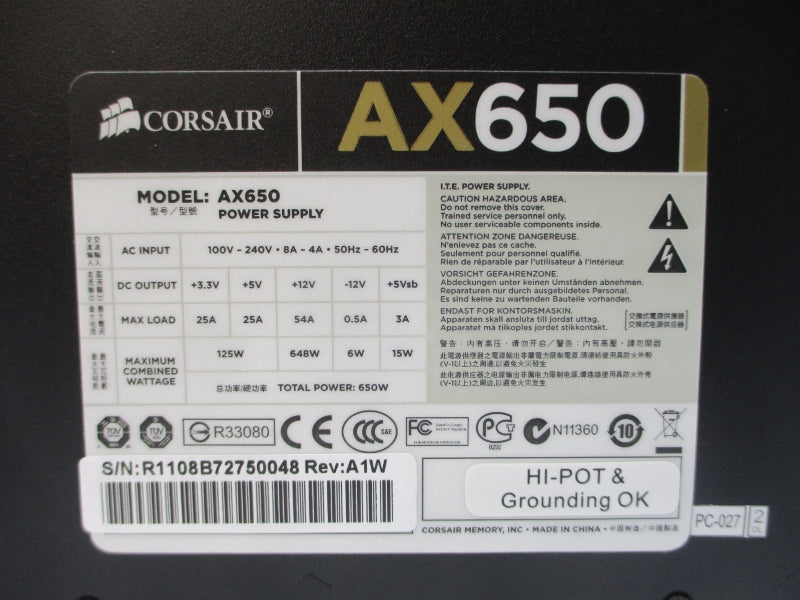CORSAIR AX650 CP-9020006-NA 100-240VAC 4-8A NSMP