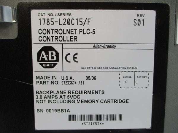 ALLEN BRADLEY 1785-L20C15 SER. F F/W E 5VDC 3.0A REV. S01 REMAN