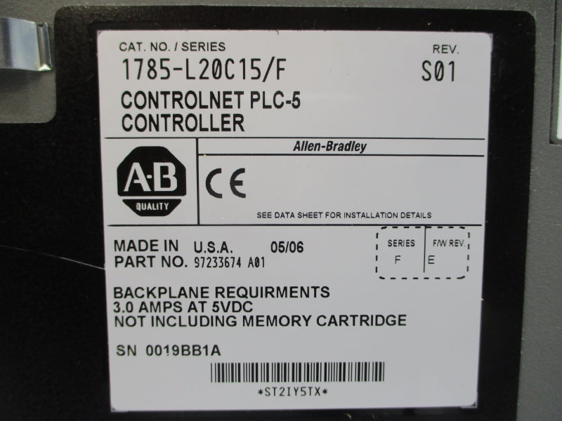 ALLEN BRADLEY 1785-L20C15 SER. F F/W E 5VDC 3.0A REV. S01 REMAN