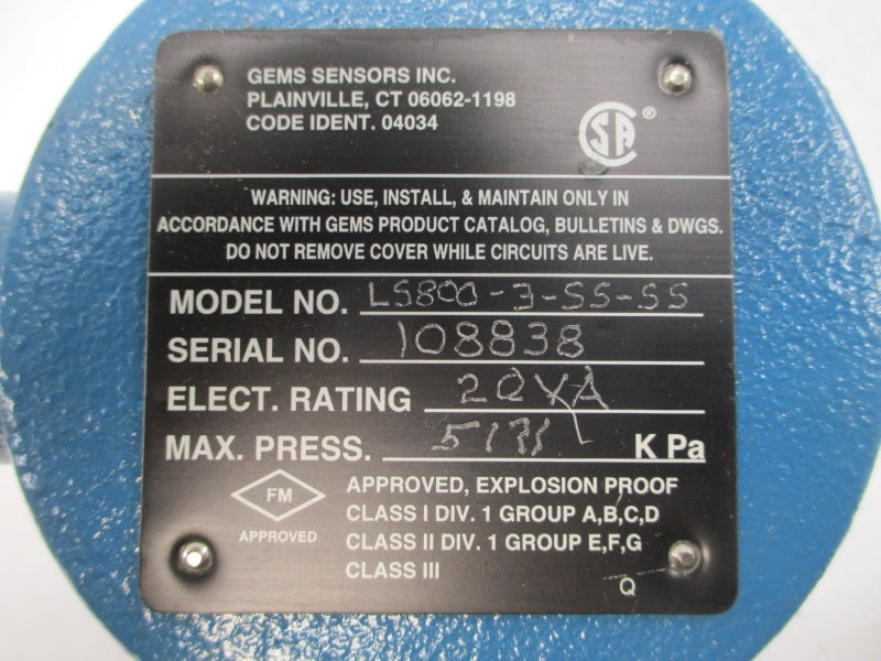GEMS SENSORS LS800-3-SS-SS NSNP