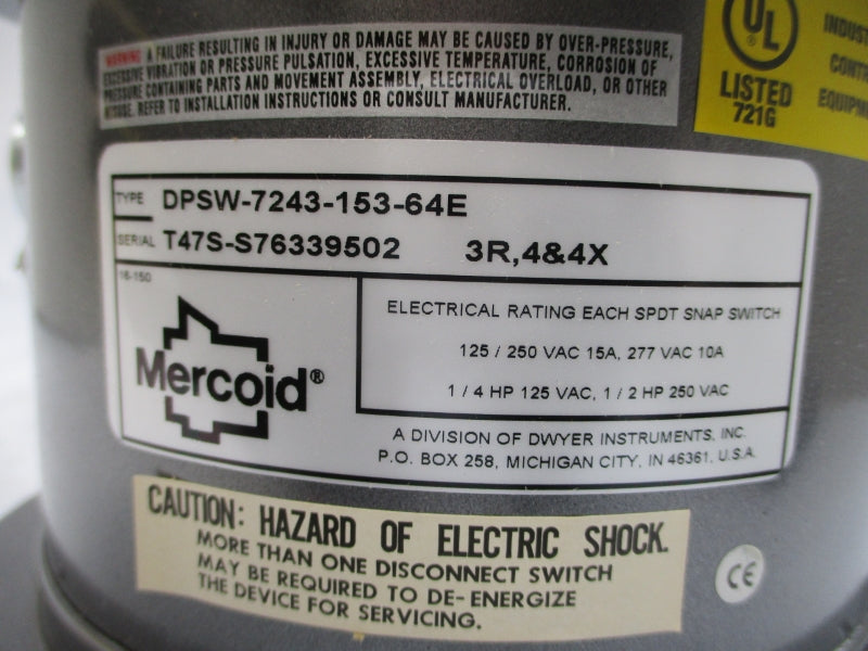 MERCOID DPSW-7243-153-64E 277VAC 15A 0-30PSI NSMP