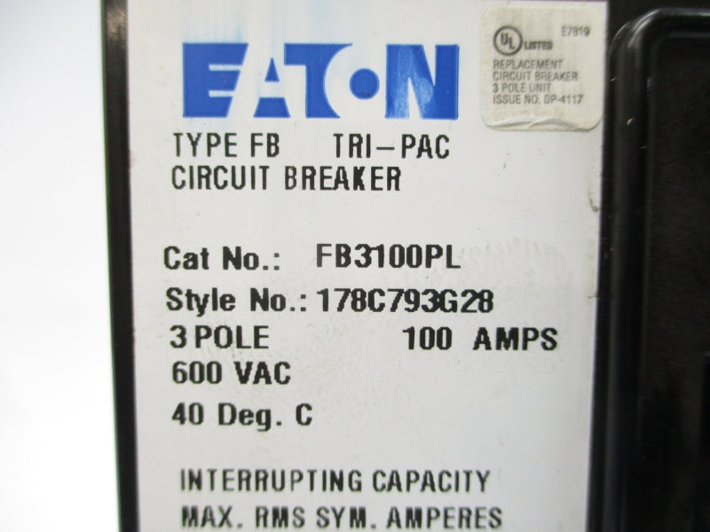 EATON FB3100PL 178C793G28 600VAC 100A NSNP