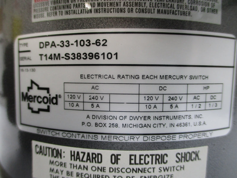 MERCOID DPA-33-103-62 120/240VAC 10A 0-20PSI NSMP