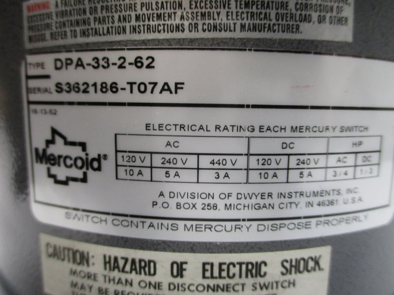 MERCOID DPA-33-2-62 120/240VAC 10A 0-20PSI NSMP
