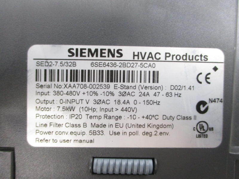 SIEMENS 6SE6436-2BD27-5CA0 380-480VAC 24A UNMP
