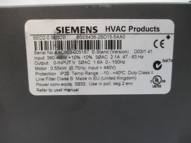 SIEMENS 6SE6436-2BD15-5AA0 380-480VAC 2.1A UNMP