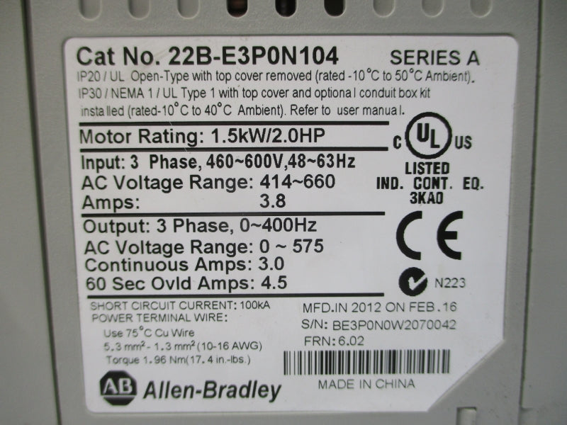 ALLEN BRADLEY 22B-E3P0N104 SER. A F/W 6.02 460-600VAC 3.8A NSNP