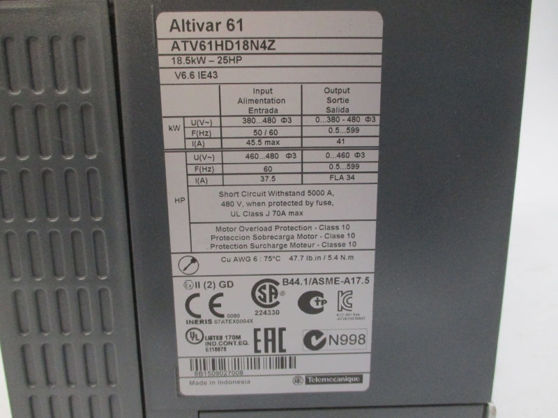 SCHNEIDER ELECTRIC ATV61HD18N4Z 380-480V 45.5A UNMP