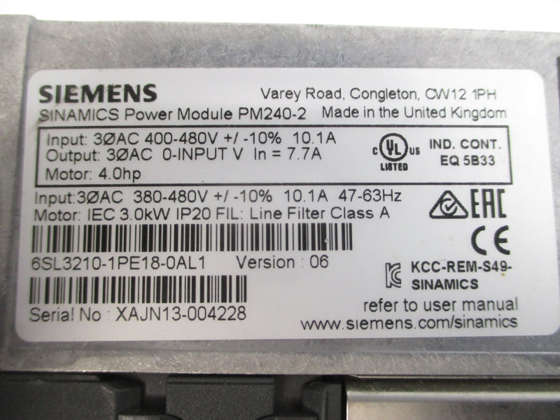 SIEMENS 6SL3210-1PE18-0AL1 380-480VAC 10.1A UNMP