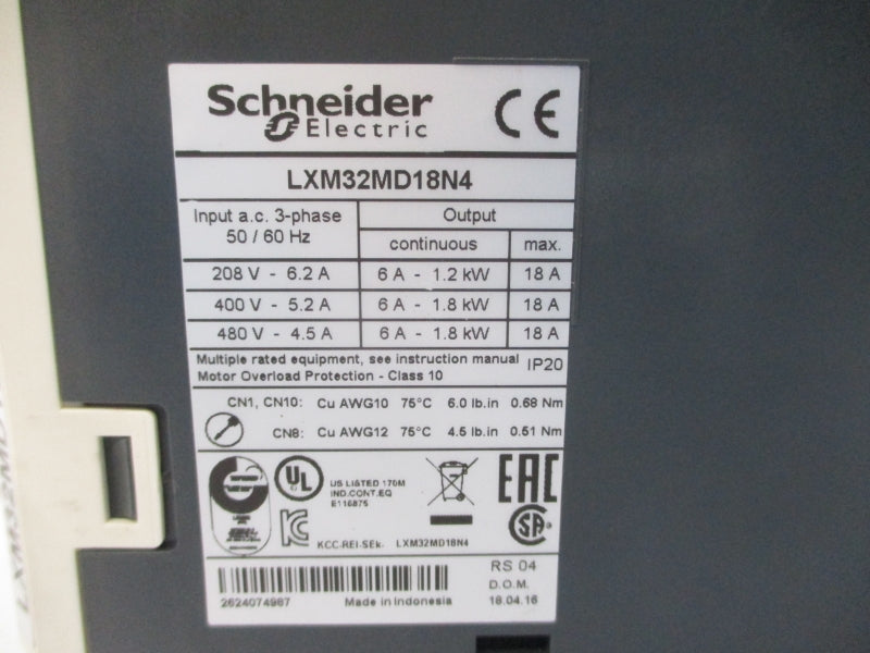 SCHNEIDER ELECTRIC LXM32MD18N4 480VAC 4.5A UNMP