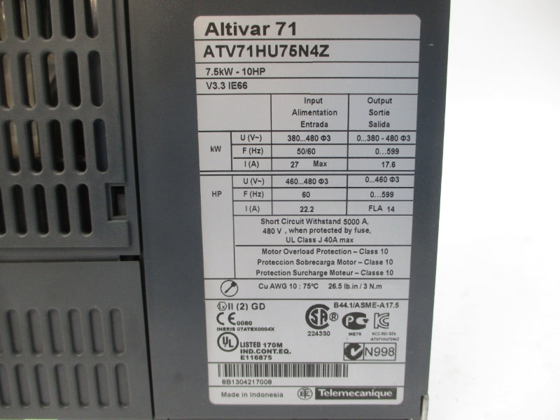SCHNEIDER ELECTRIC ATV71HU75N4Z 380-480V 27A UNMP