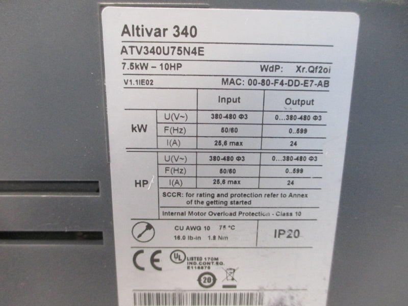 SCHNEIDER ELECTRIC ATV340U75N4E 380-480V 25.6A UNMP