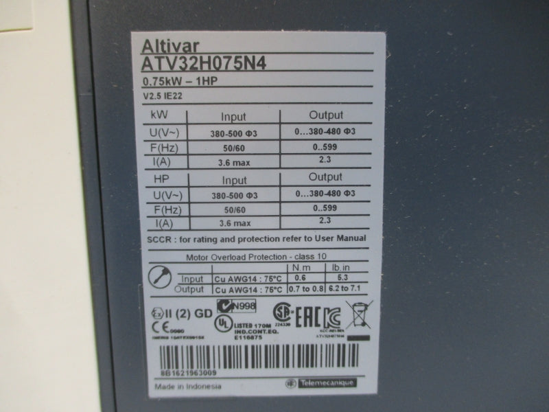 SCHNEIDER ELECTRIC ATV32H075N4 380-500V 3.6A UNMP