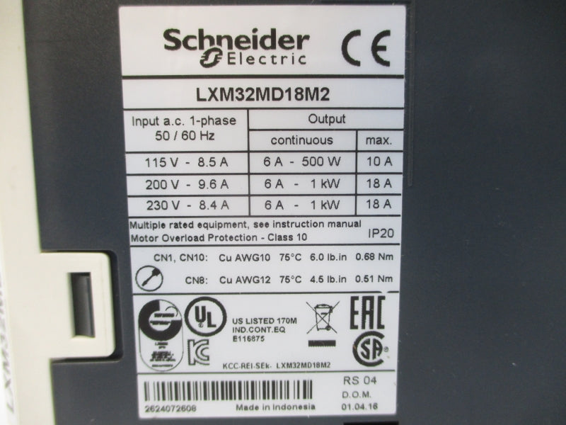 SCHNEIDER ELECTRIC LXM32MD18M2 230VAC 8.4A UNMP