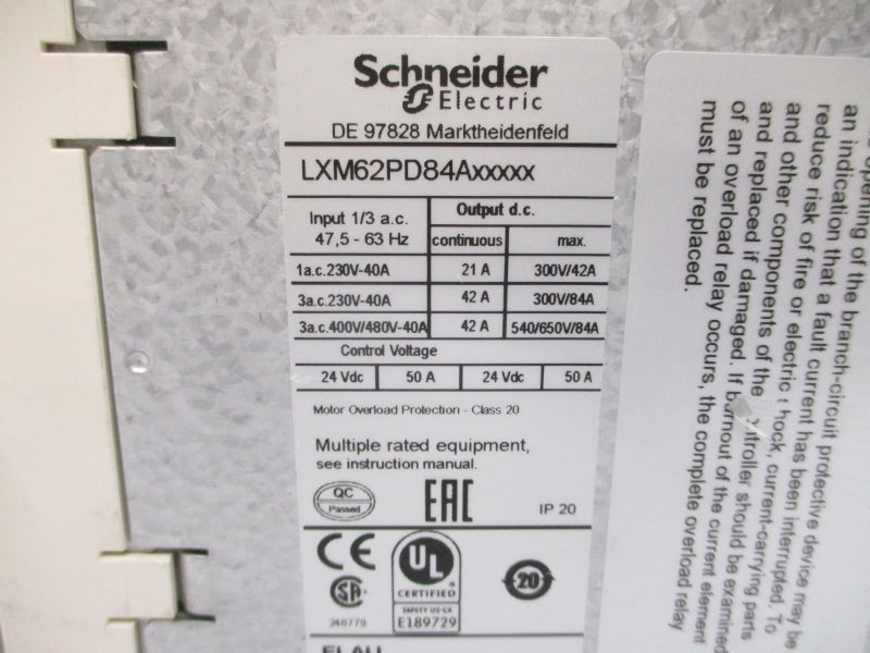 SCHNEIDER ELECTRIC LXM62PD84A11000 400/480VAC 42A UNMP