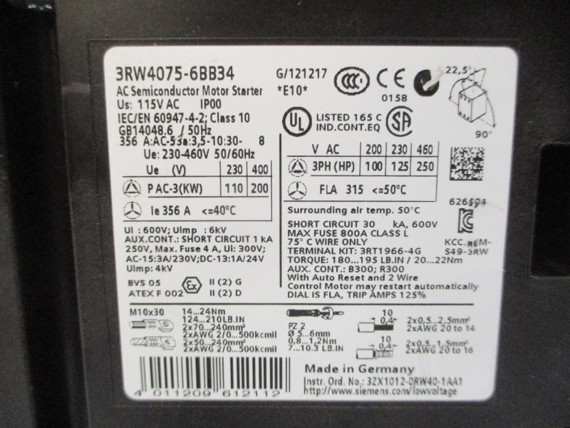 SIEMENS 3RW4075-6BB34 230-460VAC 131-356A NSNP