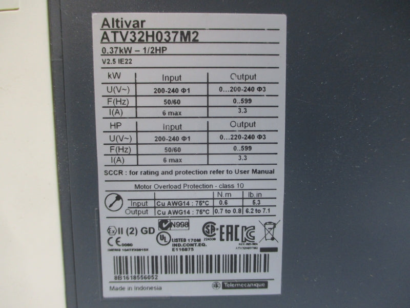 SCHNEIDER ELECTRIC ATV32H037M2 200-240V 6A UNMP