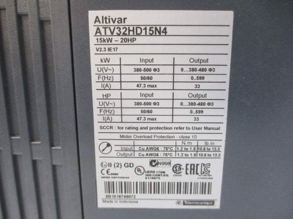 SCHNEIDER ELECTRIC ATV32HD15N4 380-500V 47.3A (NO COVER) UNMP