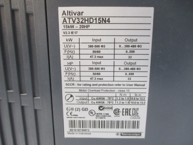 SCHNEIDER ELECTRIC ATV32HD15N4 380-500V 47.3A (NO COVER) UNMP