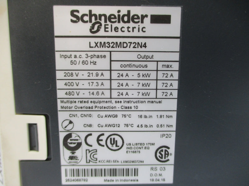 SCHNEIDER ELECTRIC LXM32MD72N4 480VAC 72A UNMP