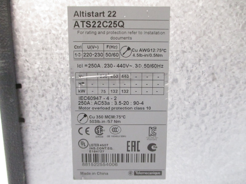 SCHNEIDER ELECTRIC ATS22C25Q 230-440V 250A UNMP