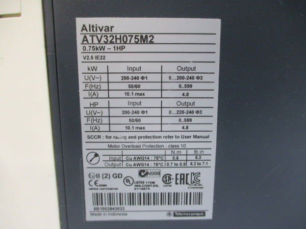SCHNEIDER ELECTRIC ATV32H075M2 200-240V 10.1A (AS PICTURED) UNMP