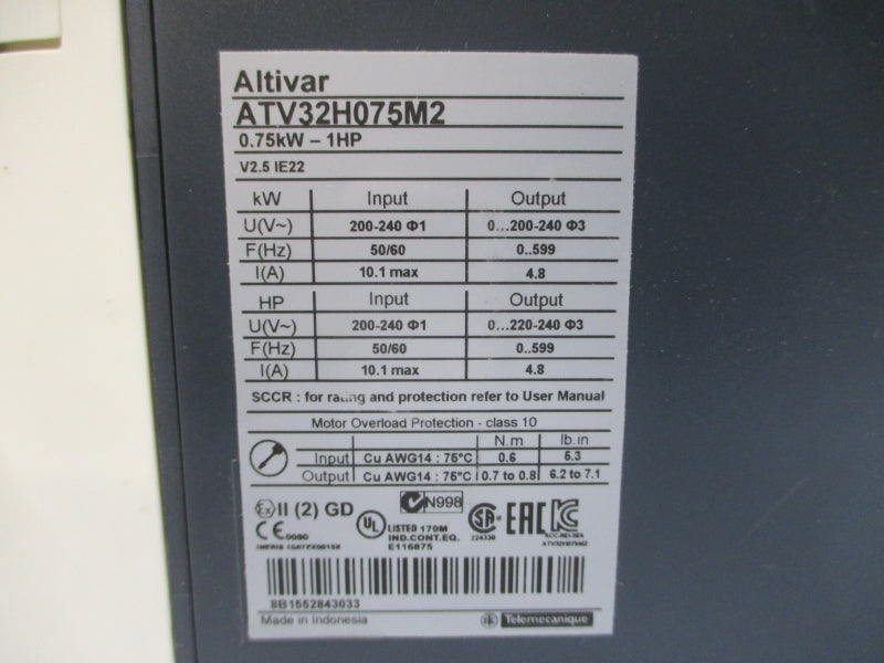 SCHNEIDER ELECTRIC ATV32H075M2 200-240V 10.1A (AS PICTURED) UNMP