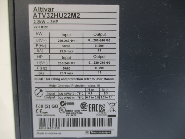 SCHNEIDER ELECTRIC ATV32HU22M2 200-240V 23.9A UNMP