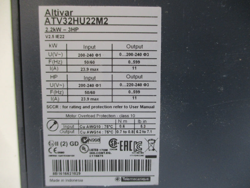 SCHNEIDER ELECTRIC ATV32HU22M2 200-240V 23.9A UNMP