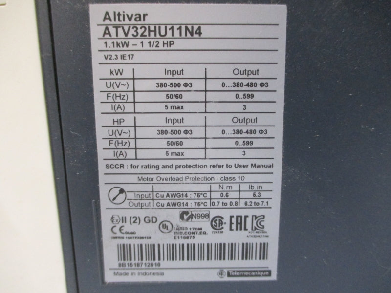 SCHNEIDER ELECTRIC ATV32HU11N4 380-500V 5A UNMP