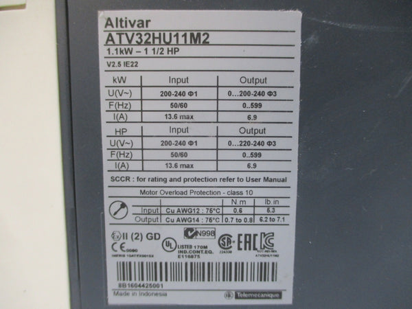 SCHNEIDER ELECTRIC ATV32HU11M2 200-240V 13.6A UNMP