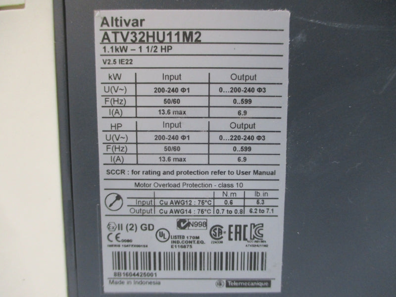 SCHNEIDER ELECTRIC ATV32HU11M2 200-240V 13.6A UNMP
