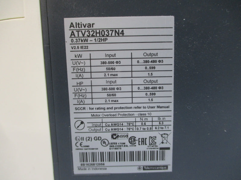 SCHNEIDER ELECTRIC ATV32H037N4 380-500V 2.1A (AS PICTURED) UNMP