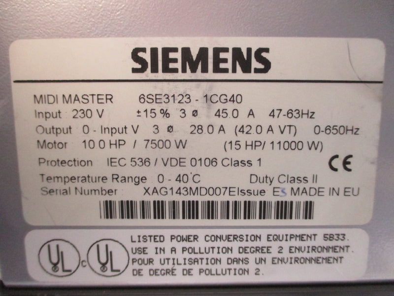 SIEMENS 6SE3123-1CG40 230V 45.0A NSNP