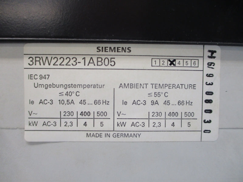 SIEMENS 3RW2223-1AB05 230-500VAC 10.5A NSNP