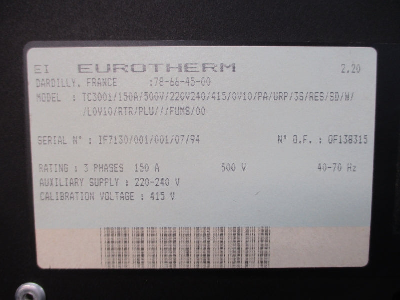 EUROTHERM TC3001/150A/500V/220V240/415/0V10/PA/URP/3S/RES/SD 220-240V 150A UNMP