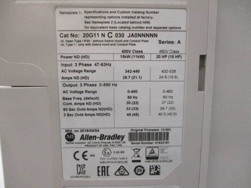 ALLEN BRADLEY 20G11NC030JA0NNNNN SER. A F/W 13.003 480VAC 27A UNMP