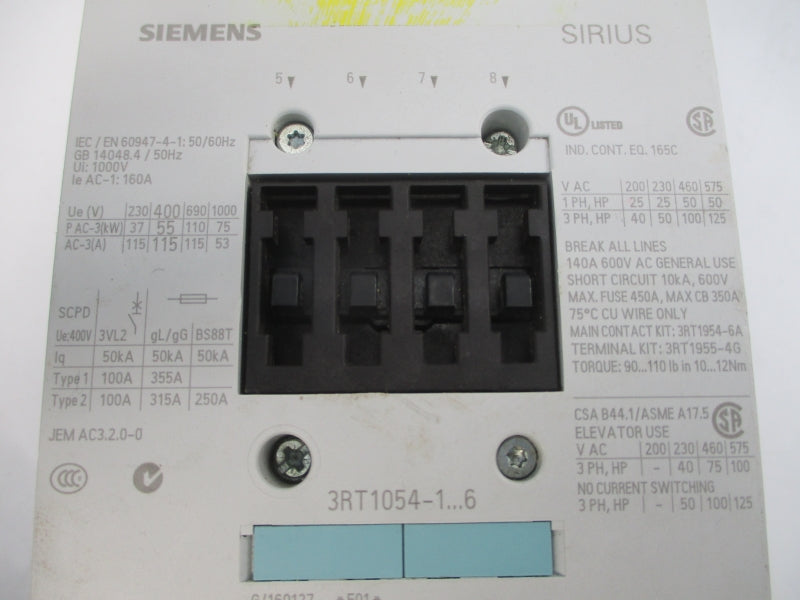 SIEMENS 3RT1054-1AF36 575VAC 160A UNMP