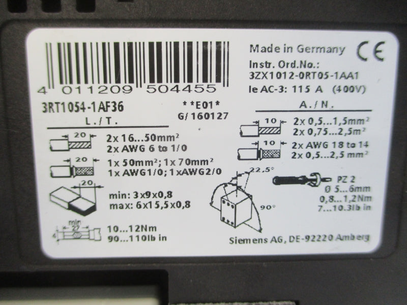 SIEMENS 3RT1054-1AF36 575VAC 160A UNMP