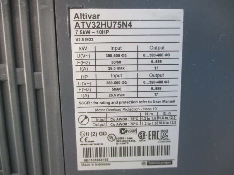 SCHNEIDER ELECTRIC ATV32HU75N4 380-500V 26.5A (AS PICTURED) UNMP