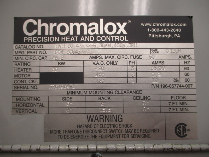 CHROMALOX HVH-30-43-32-R,30KW,480V,3PH 004-306423-011 480VAC 36.09A NSNP