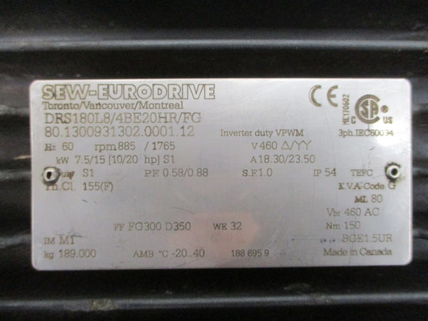 SEW-EURODRIVE DRS180L8/4BE20HR/FG 460V, 18.30/23.50A NSNP