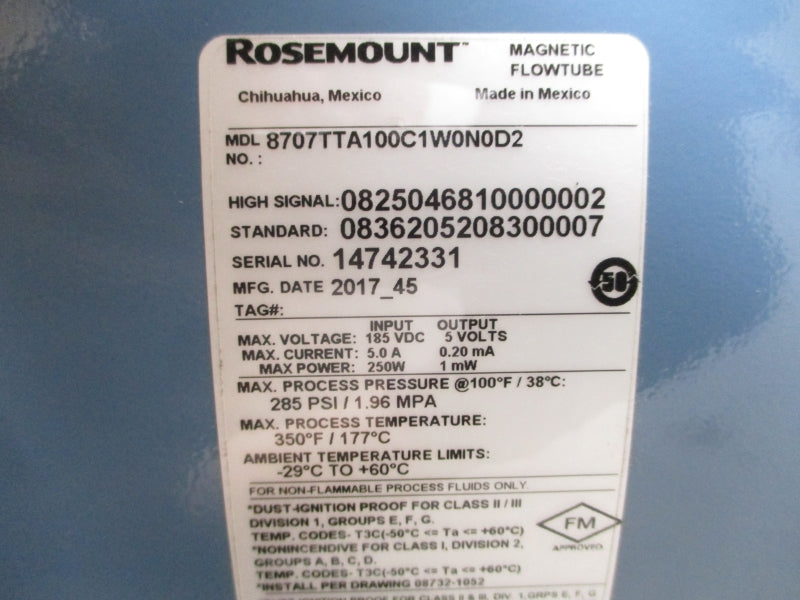 ROSEMOUNT 8707TTA100C1W0N0D2 185VDC 5.0A 285PSI NSNP