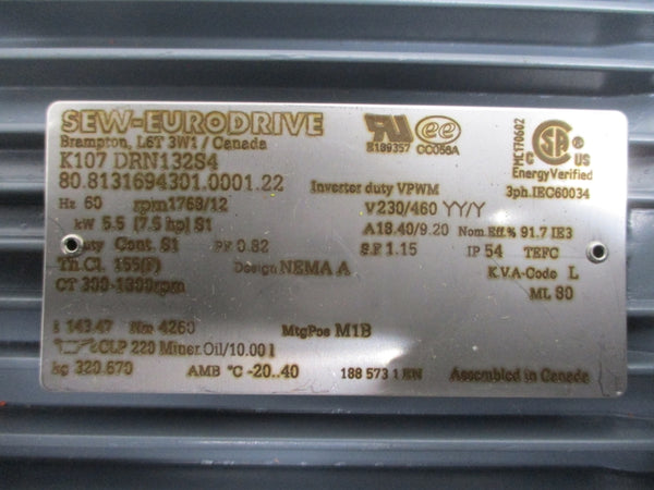 SEW-EURODRIVE K107/A K107DRN132S4 230/460V 18.40/9.20A NSNP