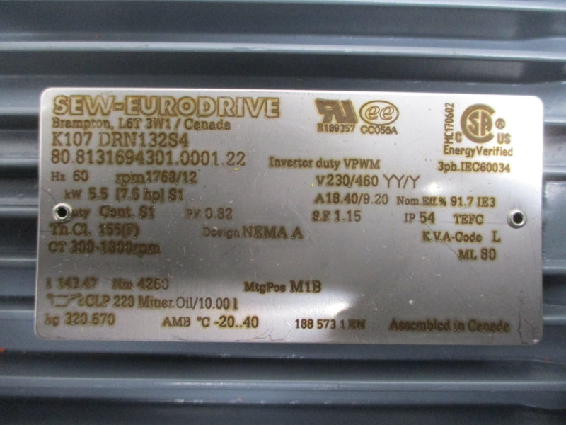 SEW-EURODRIVE K107/A K107DRN132S4 230/460V 18.40/9.20A NSNP