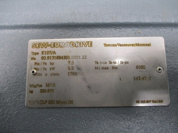 SEW-EURODRIVE K107/A K107DRN132S4 230/460V 18.40/9.20A NSNP
