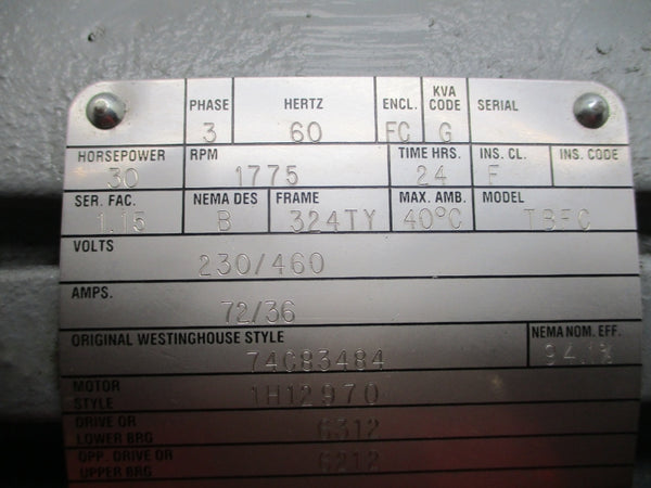 30HP 1775RPM 324TY WESTINGHOUSE HOMEWOOD PRODUCTS 74C83484 1H12970 230/460V 72/36A NSNP