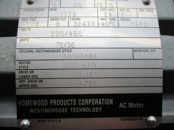 30HP 1775RPM 324TY WESTINGHOUSE HOMEWOOD PRODUCTS 74C83484 1H12970 230/460V 72/36A NSNP