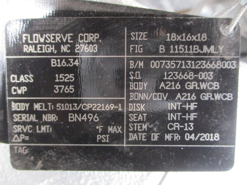 10" A216 VALVE FLOWSERVE 00735713123668003 B11511BJMLY SIZE 18X16X18 10" NSNP
